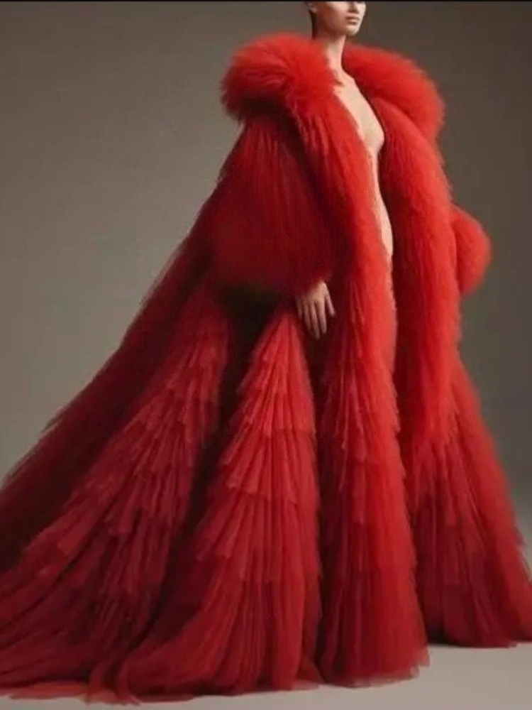 Red Fluffy Pleated Ruffled Lon - Women'S Red Formal Wear ulasan dan harga